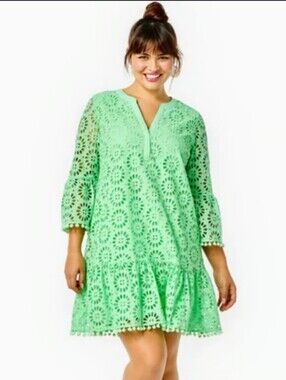 Lilly Pulitzer Bekah Patina Green Eyelet Dress Large Mint Green Pom Trim Boho